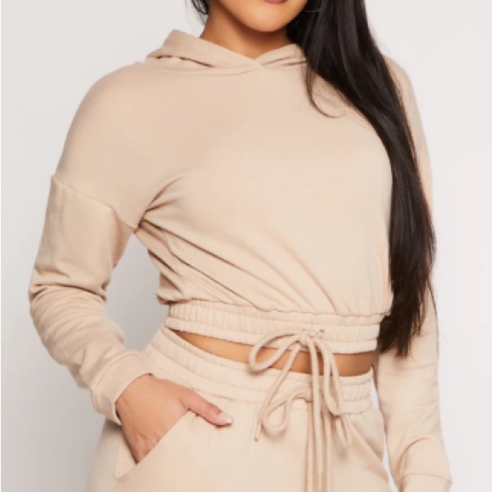 Rainbow Tan Cropped Tie Front Hoodie
